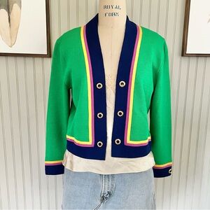 St John Marie Grey Emerald Green Multi Boxy Cardigan with enamel Buttons
